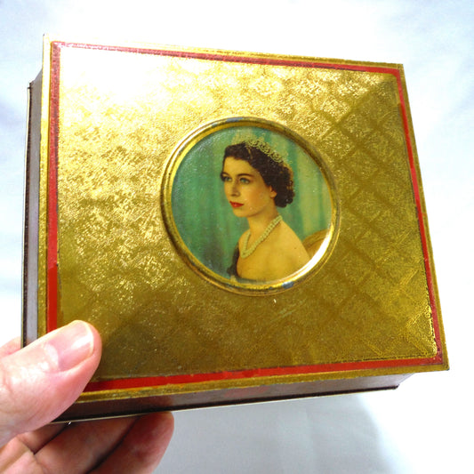 Antique Gold Hinged-Lid 1953 Coronation Tin by McVitie & Price of Great Britain: "CAMEO OF QUEEN ELIZABETH II'