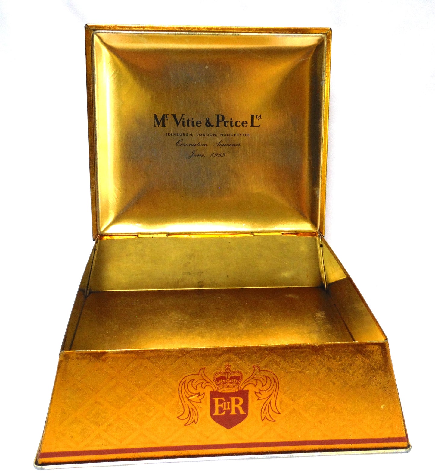 Antique Gold Hinged-Lid 1953 Coronation Tin by McVitie & Price of Great Britain: "CAMEO OF QUEEN ELIZABETH II'