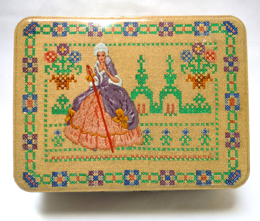 Large Needlepoint-Style Vintage Tin with Hinged Lid, by MILADY; The Toffee of Quality