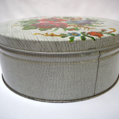 Vintage Needlepoint-Styled Round Tin Container, 'ROSE BOUQUET on CANVASS'