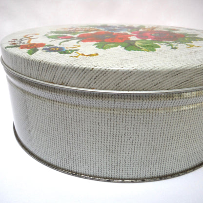 Vintage Needlepoint-Styled Round Tin Container, 'ROSE BOUQUET on CANVASS'