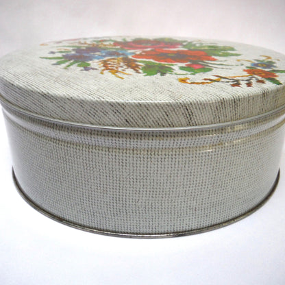 Vintage Needlepoint-Styled Round Tin Container, 'ROSE BOUQUET on CANVASS'