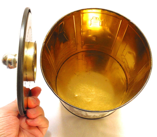 Large Vintage Biscuit Barrel Tin Can Container with Removable Top: 'Old English Village Landmarks'