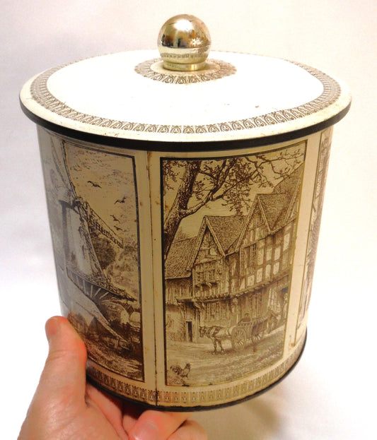 Large Vintage Biscuit Barrel Tin Can Container with Removable Top: 'Old English Village Landmarks'