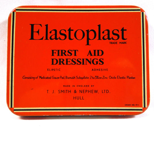 ELASTOPLAST: First Aid Dressings Antique Tin Can Container, English Only Cover!