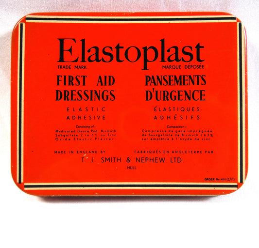 ELASTOPLAST: First Aid Dressings Antique Tin Can Container, BILINGUAL Cover!