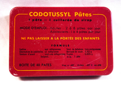 Vintage Rare Medicated Lozenges Tin Can From FRANCE: 'CODOTUSSYL, Pates Pectorales a la Codeine'