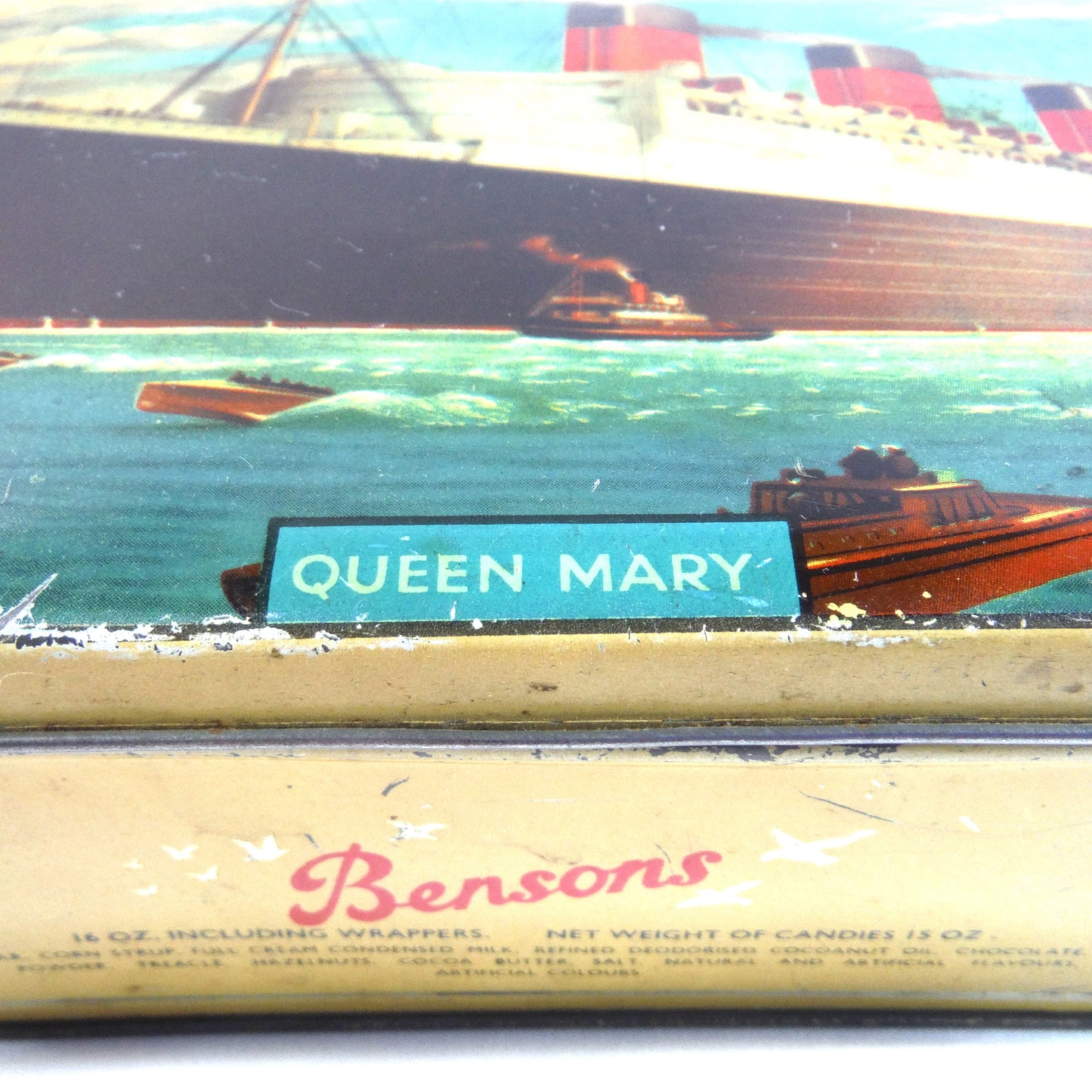 QUEEN MARY by CUNARD: An Antique Tin Can by Bensons Confectionery Ltd of Lancashire, England