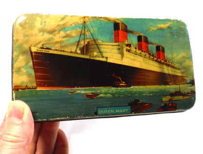 QUEEN MARY by CUNARD: An Antique Tin Can by Bensons Confectionery Ltd of Lancashire, England