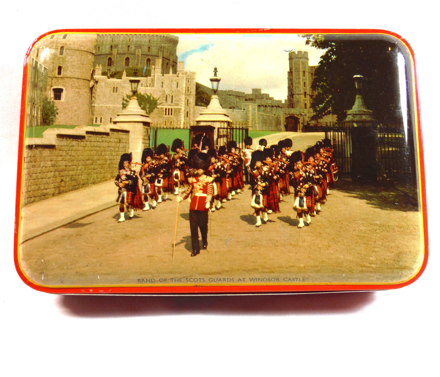 Vintage Tin Toffee Container by Riley's of Halifax, England: 'BAND OF THE SCOTS GUARD AT WINDSOR CASTLE'