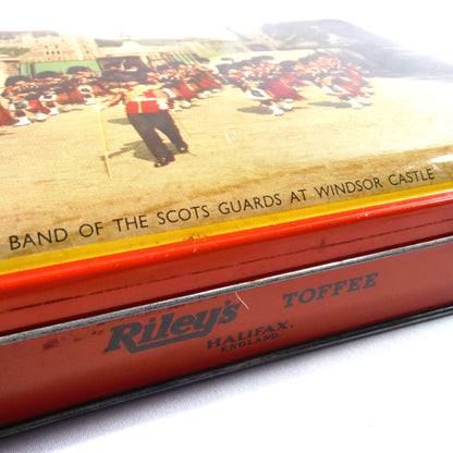 Vintage Tin Toffee Container by Riley's of Halifax, England: 'BAND OF THE SCOTS GUARD AT WINDSOR CASTLE'