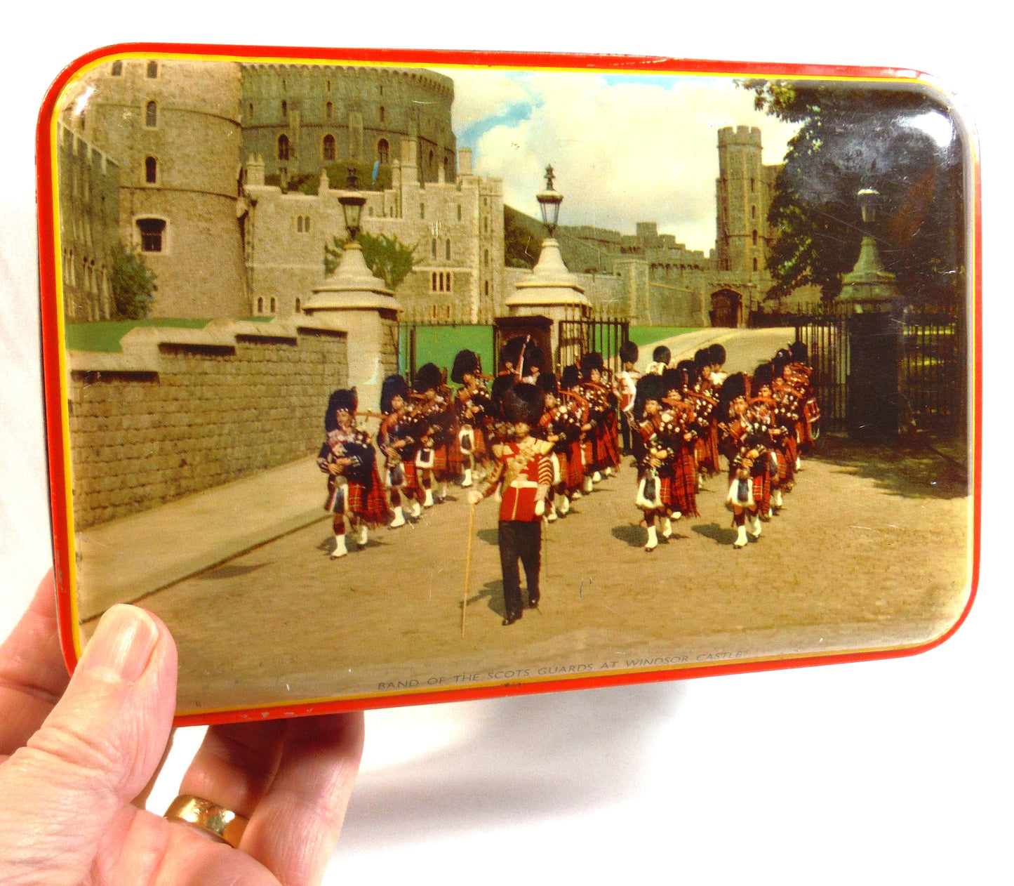 Vintage Tin Toffee Container by Riley's of Halifax, England: 'BAND OF THE SCOTS GUARD AT WINDSOR CASTLE'