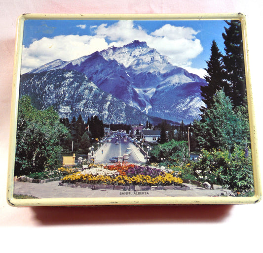 BANFF, Alberta, Canada, Vintage Square Scenic Tin by Blue Bird and Parkes Confectionery of England