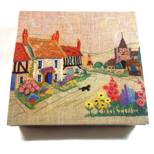 A Delightfully Old Vintage Tin Container: Black Cat Crosses the Road in an English Village Needlepoint Scene