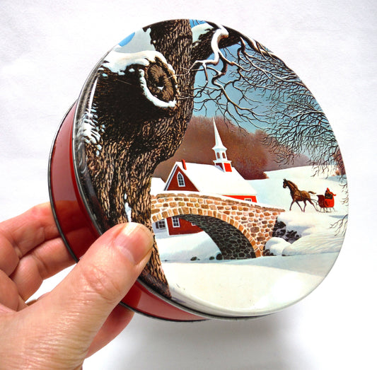 Round Vintage Cookie Cake Tin Christmas Tin: 'Winter Horse-Drawn Carriage Village Countryside Scene'