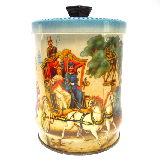 VINTAGE HORSE DRAWN CARRIAGE TEA CADDY TIN: 'The Gay Nineties' by Riley's Toffee of Halifax, England