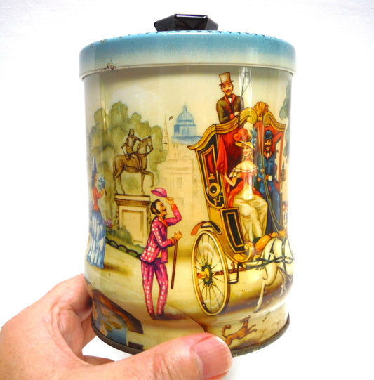 VINTAGE HORSE DRAWN CARRIAGE TEA CADDY TIN: 'The Gay Nineties' by Riley's Toffee of Halifax, England