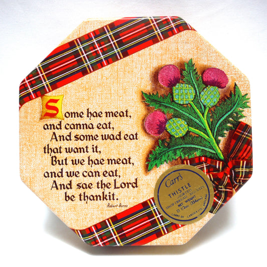 CARR'S THISTLE SHORTBREAD BISCUIT TIN, with Robert Burns Poem "Some hae meat and canna eat..."