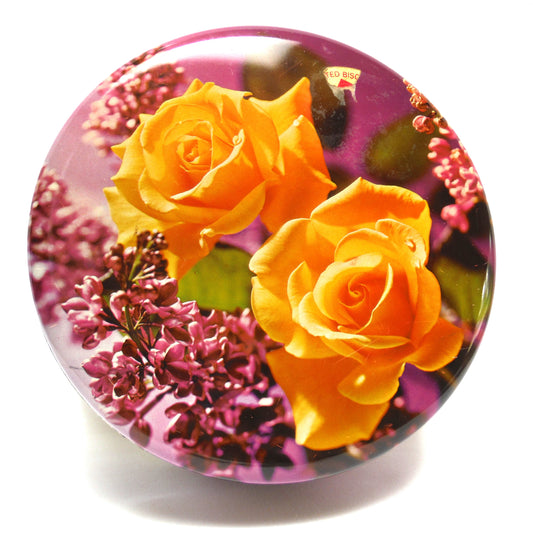 VINTAGE LARGE ROUND LILAC & YELLOW ROSE BISCUIT TIN, by Huntley & Palmers of London, England