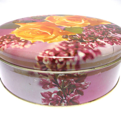 VINTAGE LARGE ROUND LILAC & YELLOW ROSE BISCUIT TIN, by Huntley & Palmers of London, England