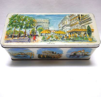Antique Tin Can Rectangular Container with Removable Lid: 'NINE WORLD SCENES'