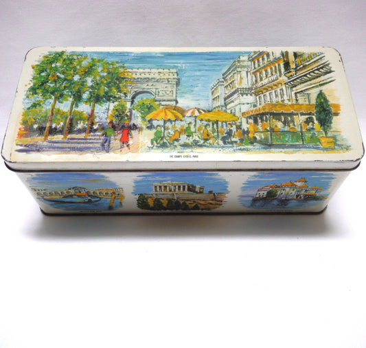 Antique Tin Can Rectangular Container with Removable Lid: 'NINE WORLD SCENES'