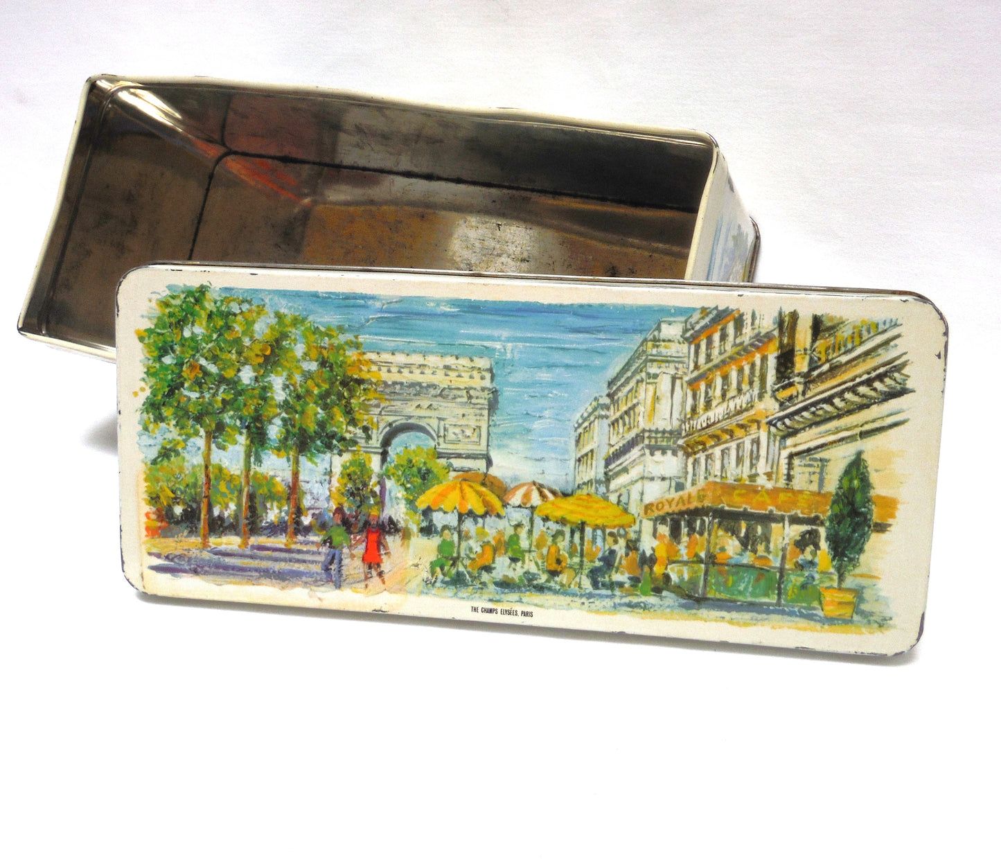 Antique Tin Can Rectangular Container with Removable Lid: 'NINE WORLD SCENES'