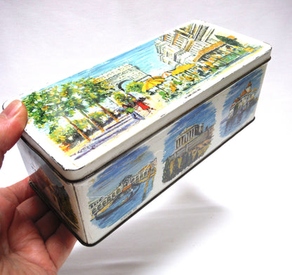 Antique Tin Can Rectangular Container with Removable Lid: 'NINE WORLD SCENES'