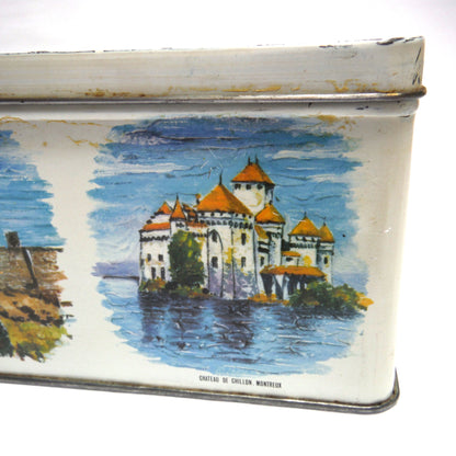 Antique Tin Can Rectangular Container with Removable Lid: 'NINE WORLD SCENES'