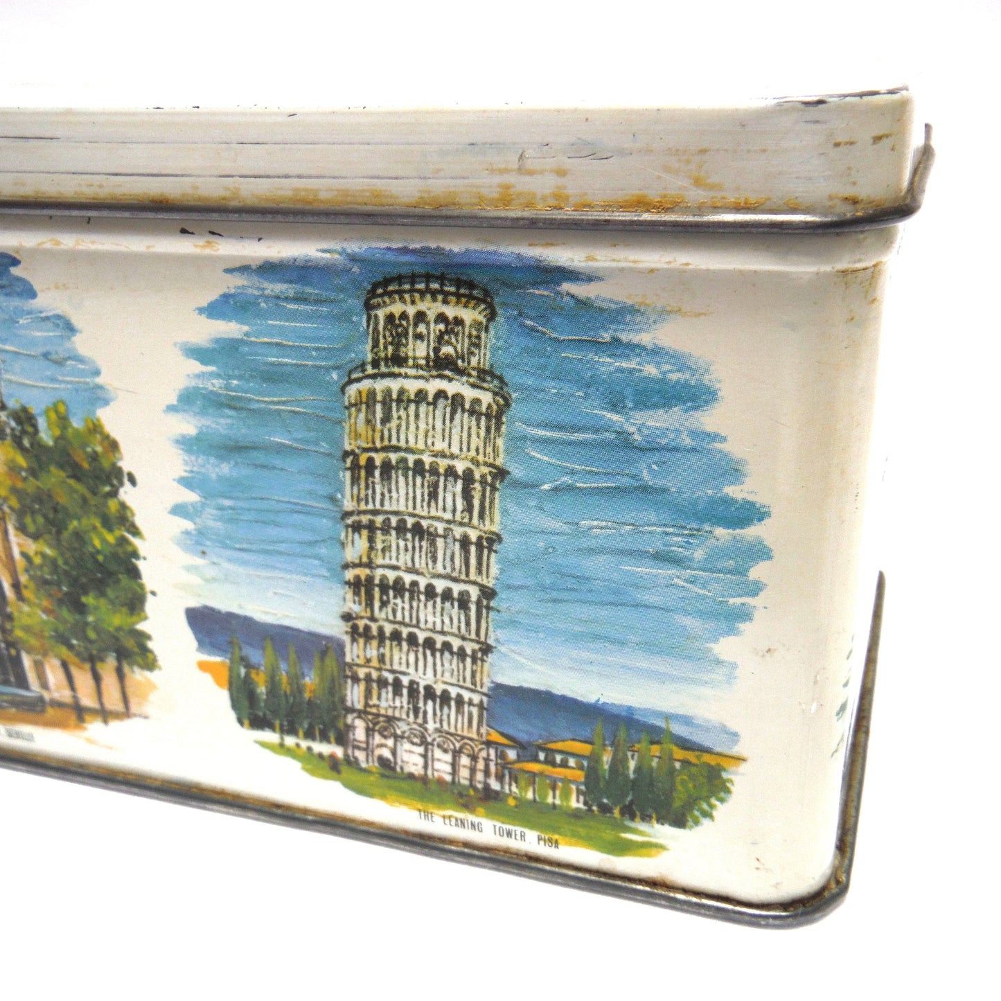 Antique Tin Can Rectangular Container with Removable Lid: 'NINE WORLD SCENES'