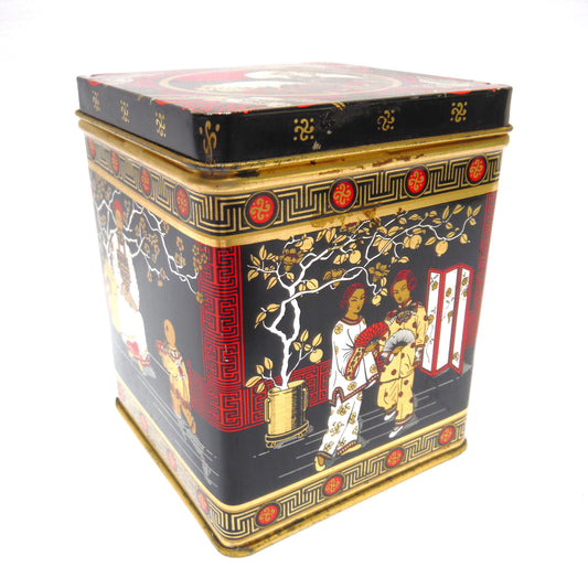 VINTAGE JAPANESE-STYLE SMALL HINGED-LID TEA CADDY TIN, by Bristow's Assorted Toffee of Devon, England.