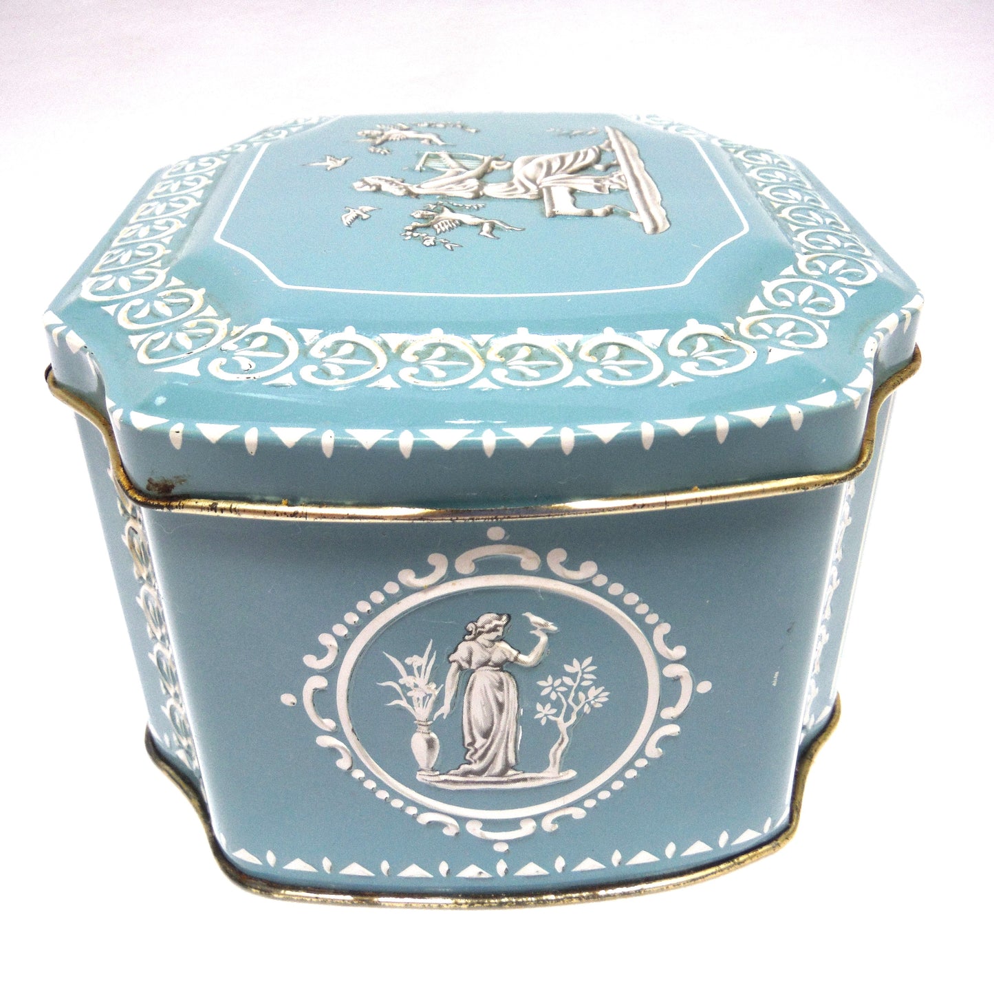 VINTAGE GREEK-STYLE HINGED-LID BABY BLUE TIN CONTAINER: 'Harpist in the Garden with Cherubs'