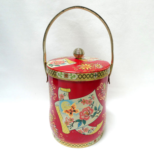 Vintage Tin Can Pail-Style with Original Handle by Murray-Allen of England: ‘Butterflies and Pink Flowers’