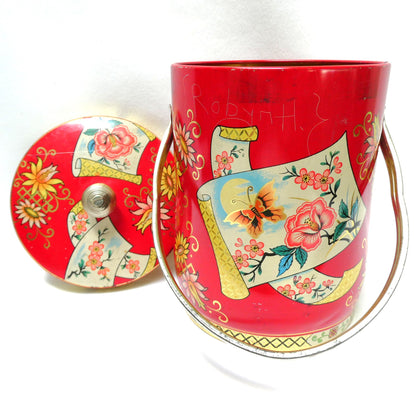 Vintage Tin Can Pail-Style with Original Handle by Murray-Allen of England: ‘Butterflies and Pink Flowers’