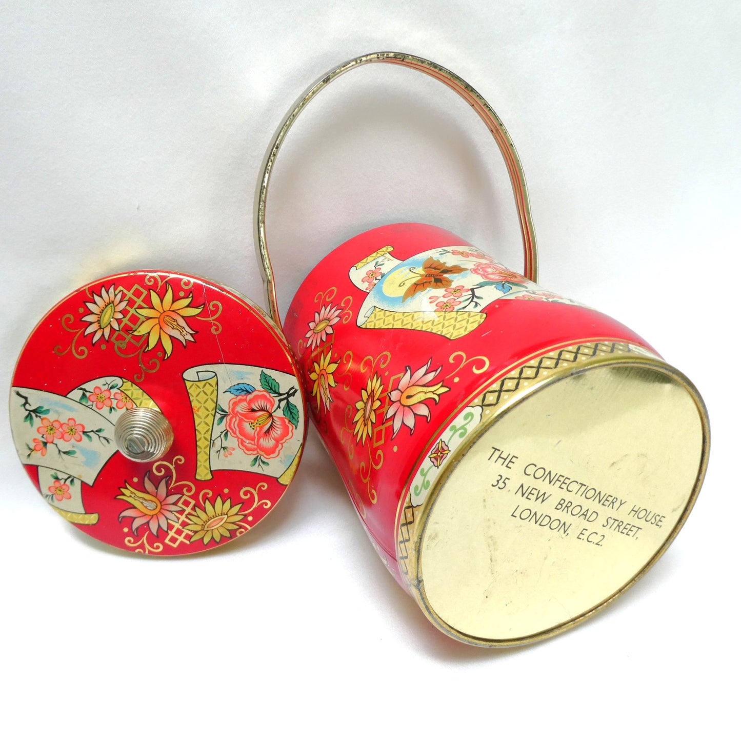 Vintage Tin Can Pail-Style with Original Handle by Murray-Allen of England: ‘Butterflies and Pink Flowers’