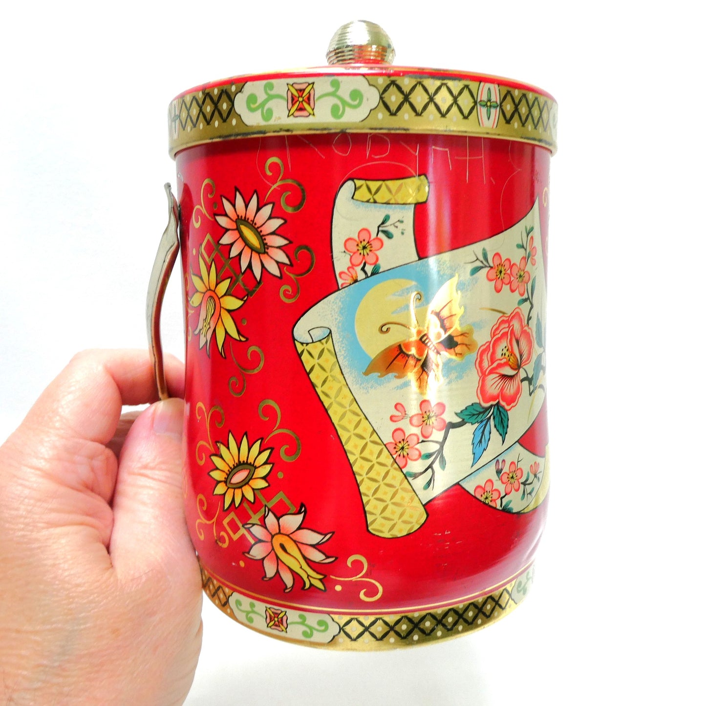 Vintage Tin Can Pail-Style with Original Handle by Murray-Allen of England: ‘Butterflies and Pink Flowers’