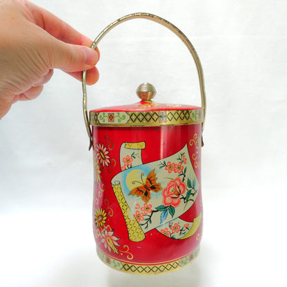 Vintage Tin Can Pail-Style with Original Handle by Murray-Allen of England: ‘Butterflies and Pink Flowers’