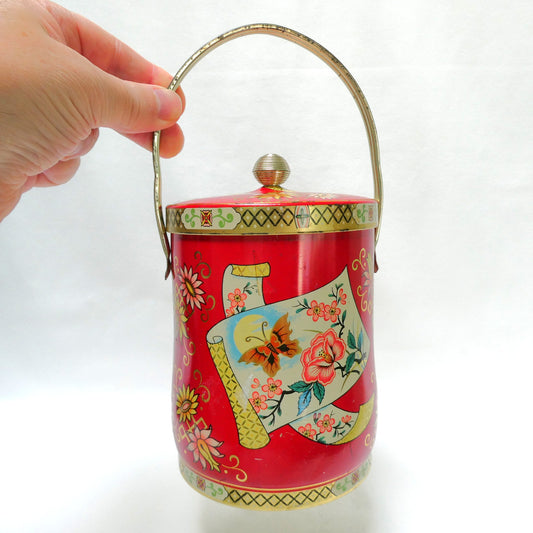 Vintage Tin Can Pail-Style with Original Handle by Murray-Allen of England: ‘Butterflies and Pink Flowers’
