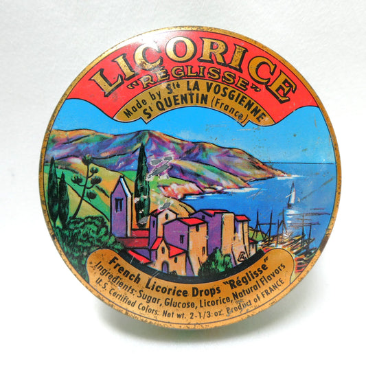 Vintage Tin Licorice Drops Pocket Container, by French Manufacturer Ste. La Vosgienne, Featuring a Mediterranean Seaside Town Scene
