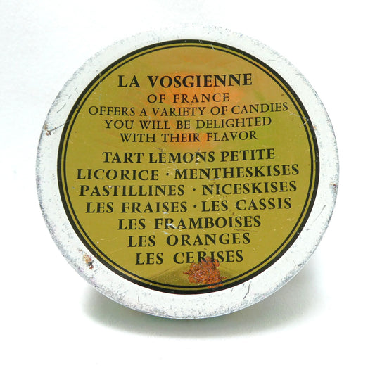 Vintage Tin Licorice Drops Pocket Container, by French Manufacturer Ste. La Vosgienne, Featuring a Mediterranean Seaside Town Scene