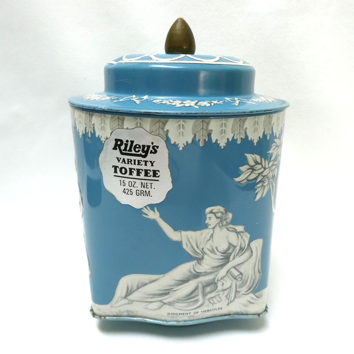 Stunning Vintage Riley's Toffee Tin of Halifax, England: ‘Judgment of Hercules’ in Robins Egg Blue and Original Company Label