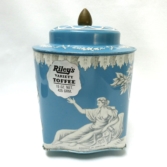 Stunning Vintage Riley's Toffee Tin of Halifax, England: ‘Judgment of Hercules’ in Robins Egg Blue and Original Company Label
