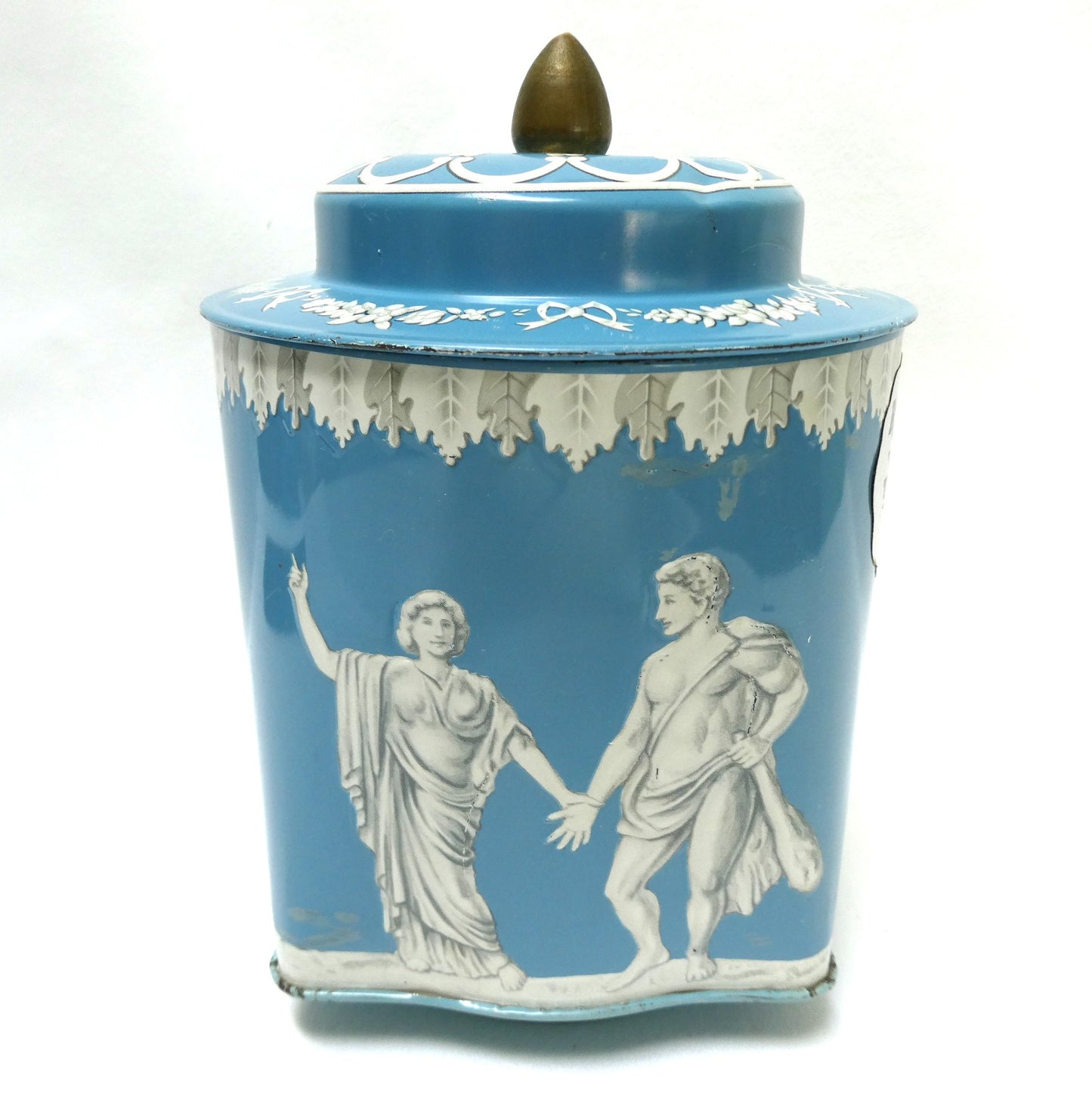 Stunning Vintage Riley's Toffee Tin of Halifax, England: ‘Judgment of Hercules’ in Robins Egg Blue and Original Company Label