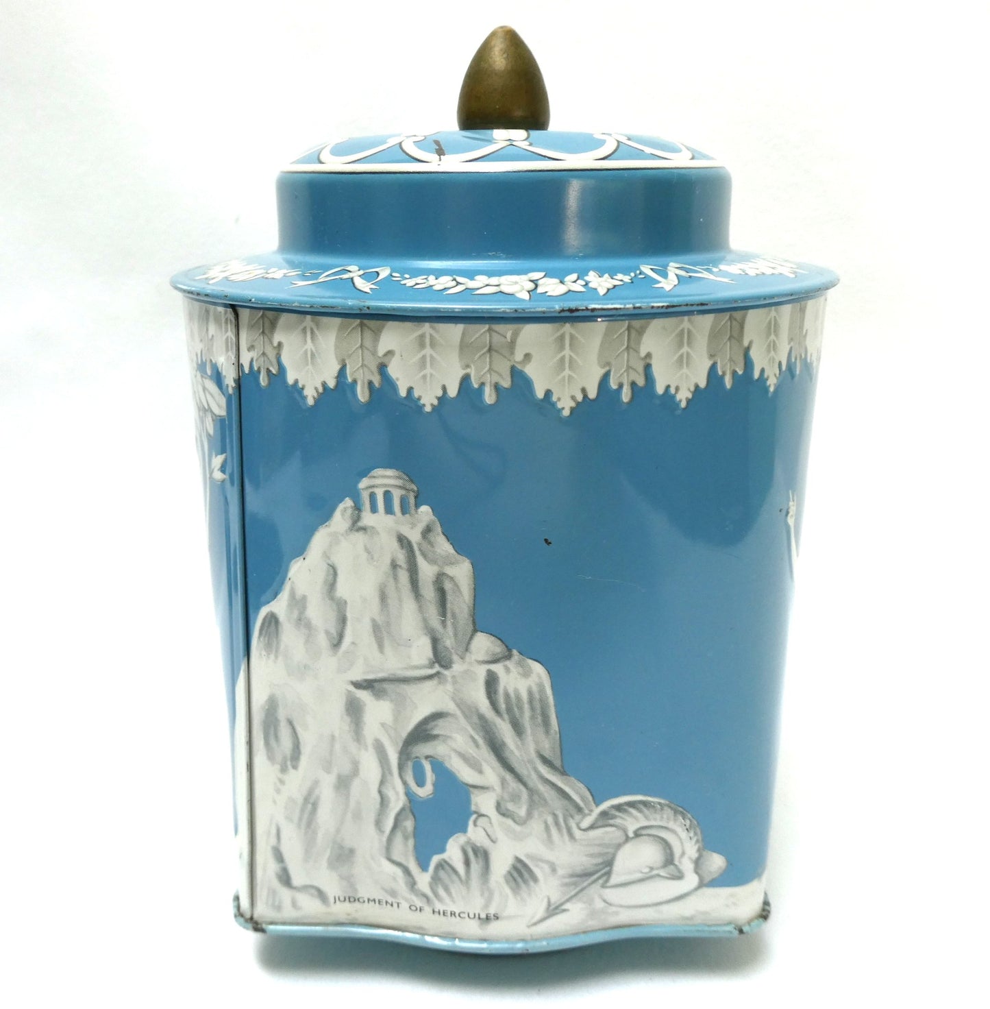 Stunning Vintage Riley's Toffee Tin of Halifax, England: ‘Judgment of Hercules’ in Robins Egg Blue and Original Company Label
