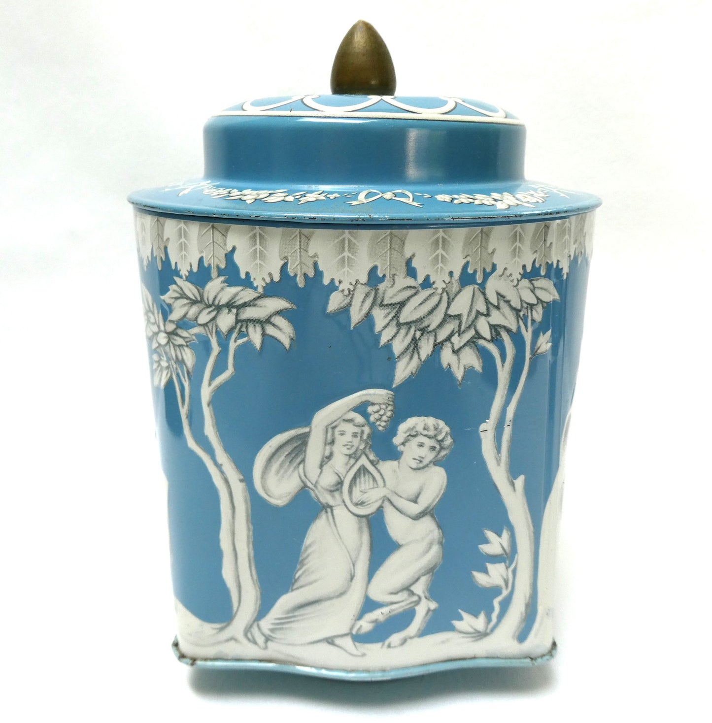 Stunning Vintage Riley's Toffee Tin of Halifax, England: ‘Judgment of Hercules’ in Robins Egg Blue and Original Company Label