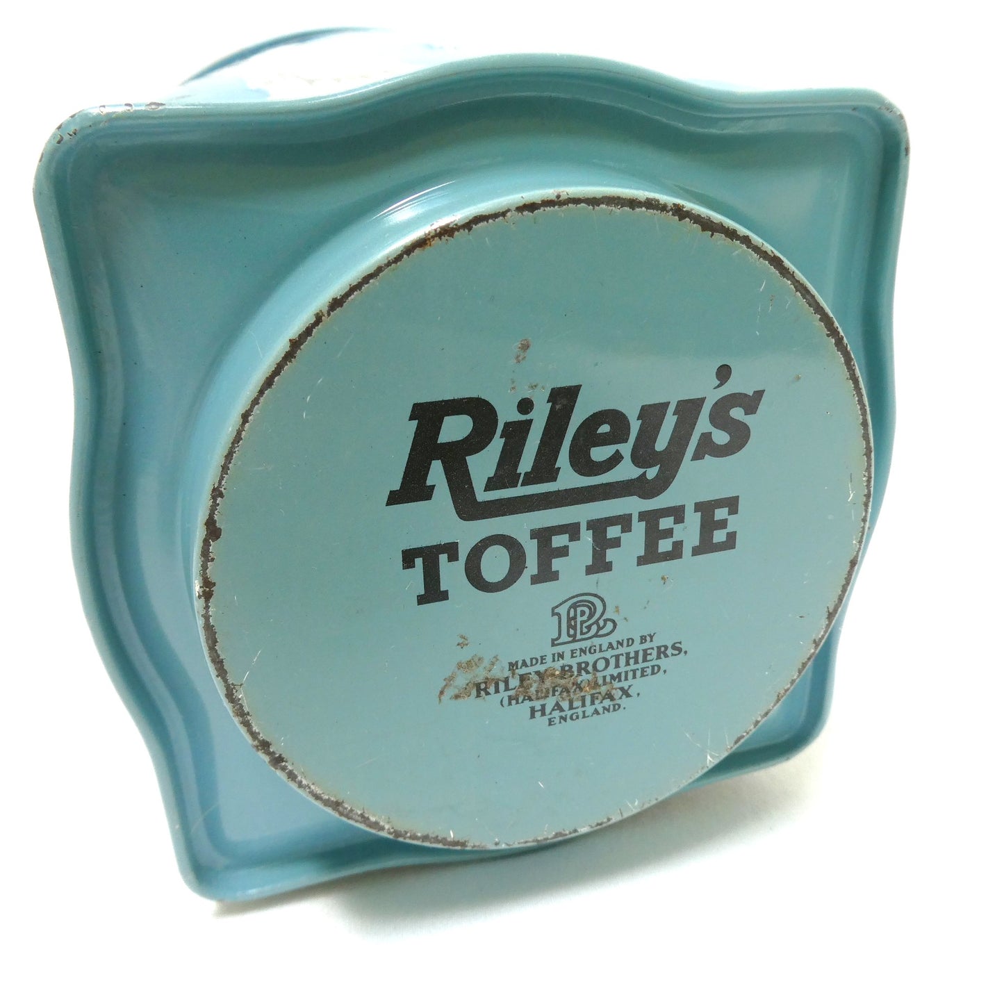 Stunning Vintage Riley's Toffee Tin of Halifax, England: ‘Judgment of Hercules’ in Robins Egg Blue and Original Company Label