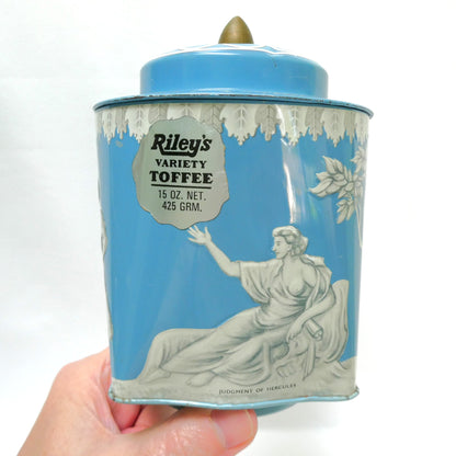 Stunning Vintage Riley's Toffee Tin of Halifax, England: ‘Judgment of Hercules’ in Robins Egg Blue and Original Company Label