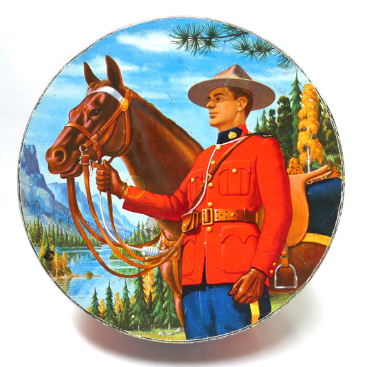 Mid-Century Large Tin Container by PEEK FREAK BISCUITS of London: The Royal Canadian Mounted Police (RCMP) and his Majestic Steed!
