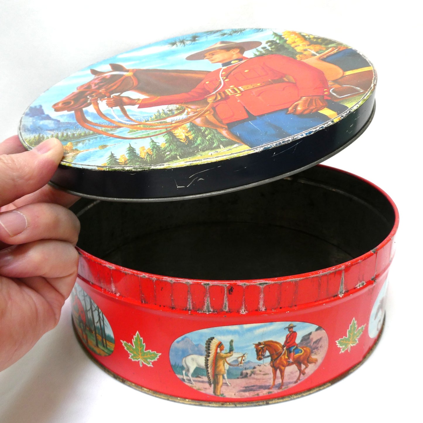 Mid-Century Large Tin Container by PEEK FREAK BISCUITS of London: The Royal Canadian Mounted Police (RCMP) and his Majestic Steed!