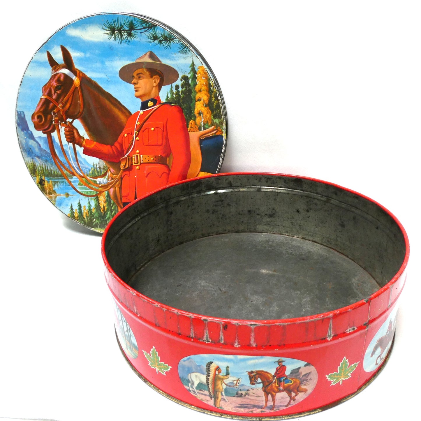 Mid-Century Large Tin Container by PEEK FREAK BISCUITS of London: The Royal Canadian Mounted Police (RCMP) and his Majestic Steed!